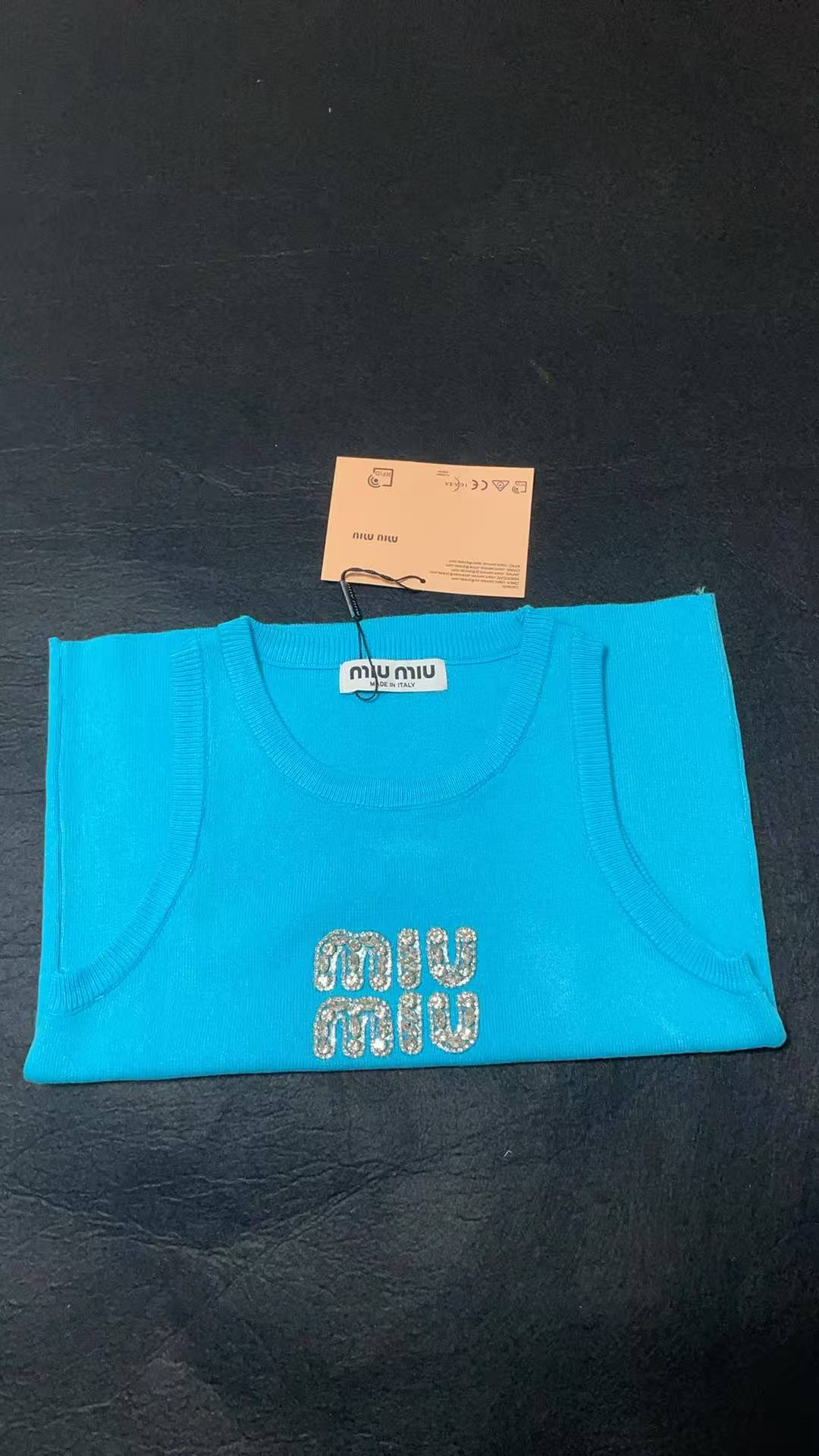 Miu Miu White Ribbed Tank Top with Blue Crysta