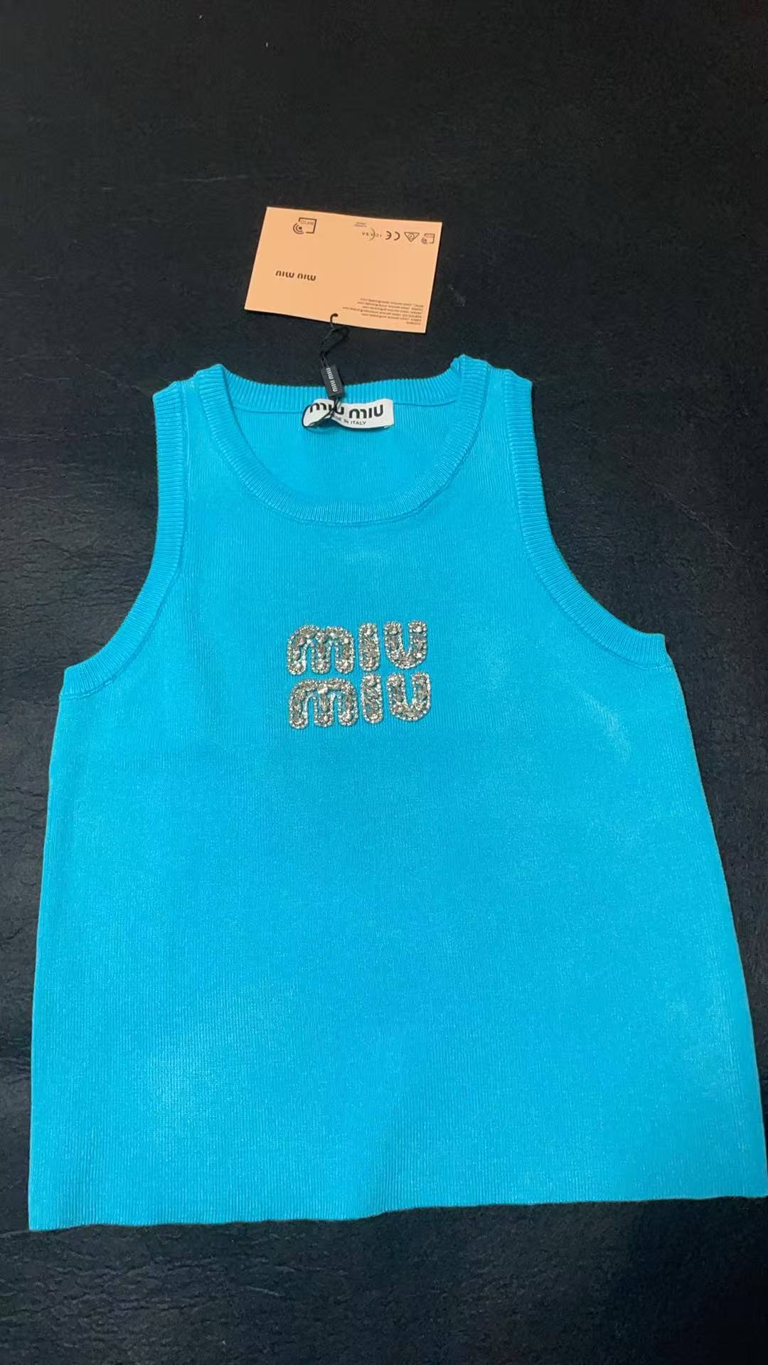 Miu Miu White Ribbed Tank Top with Blue Crysta