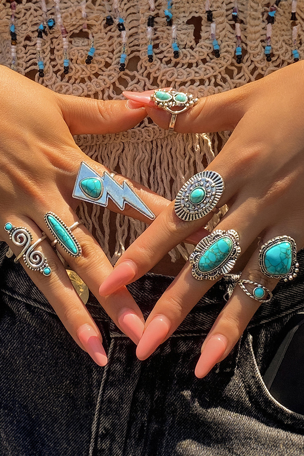 8pcs Turquoise Inlay Western Ring Set