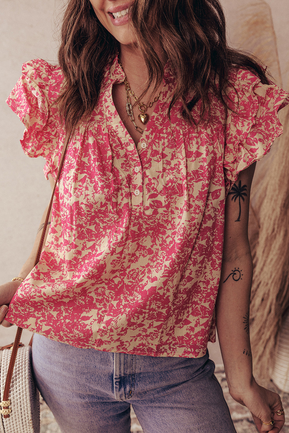 Allover Printed Half Button Neck Ruffle Sleeve Blouse