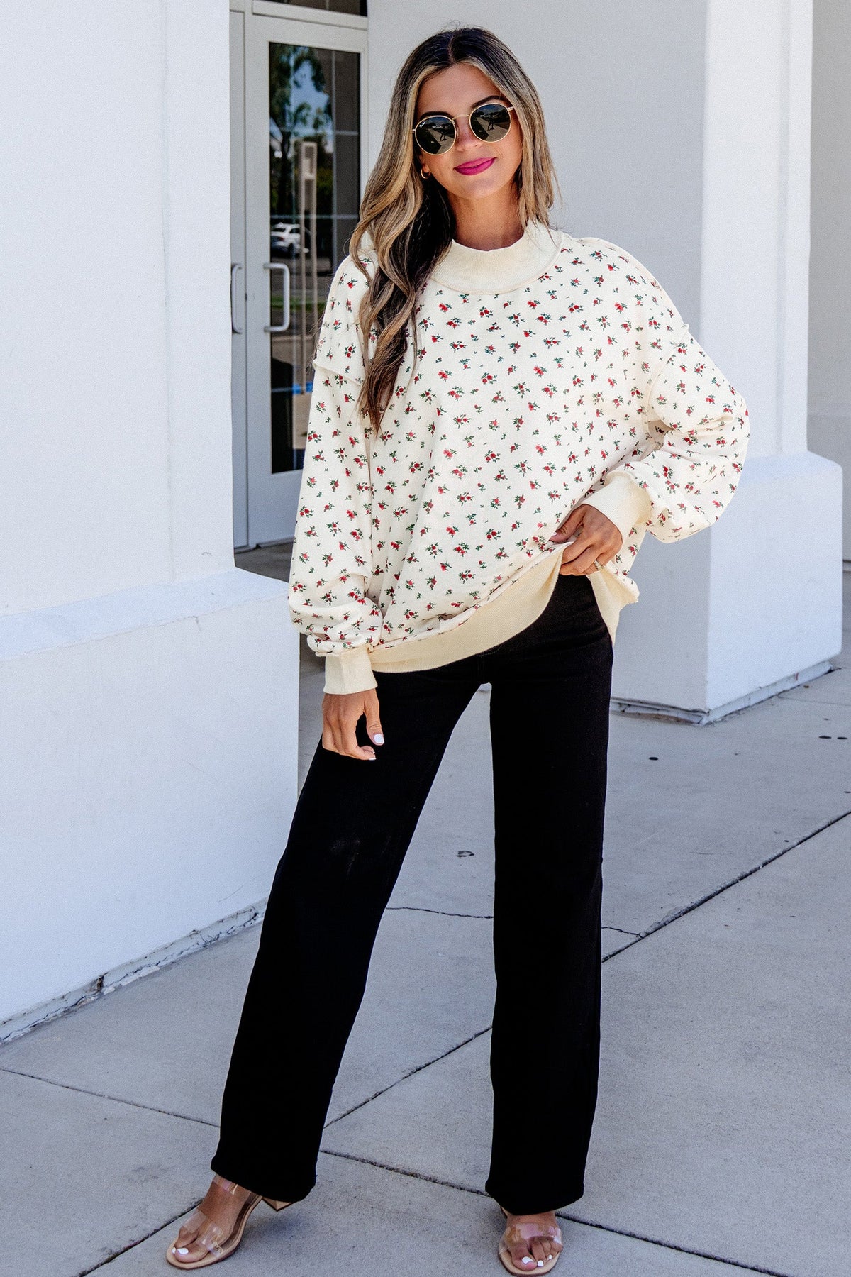 Beige Ribbed High Neck Floral Print Baggy Pullover Sweatshirt