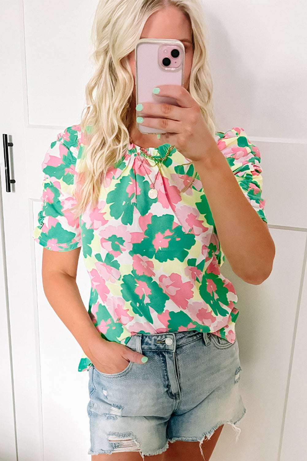 Abstract Print Frilly Neck Ruched Short Sleeve Blouse
