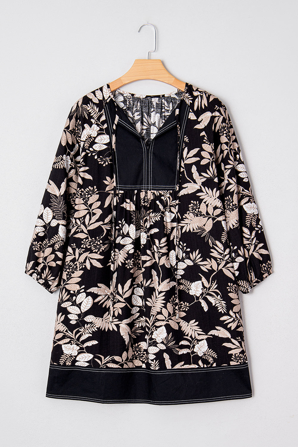 3/4 Sleeve Botanical Print Split Neck Loose Mini Dress