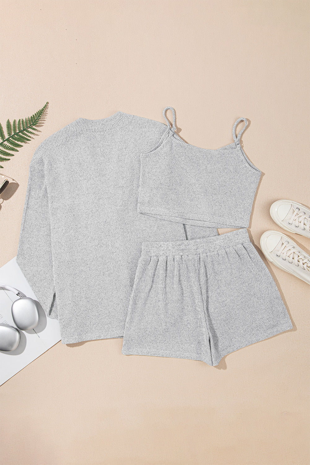 3 Pieces Rib Crop Camisole Matching Shorts Lounge Set with Cardigan