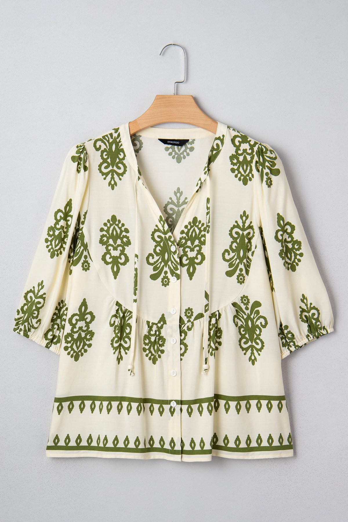 Apricot Floral Print Tie V Neck Puffy Half Sleeve Shirt