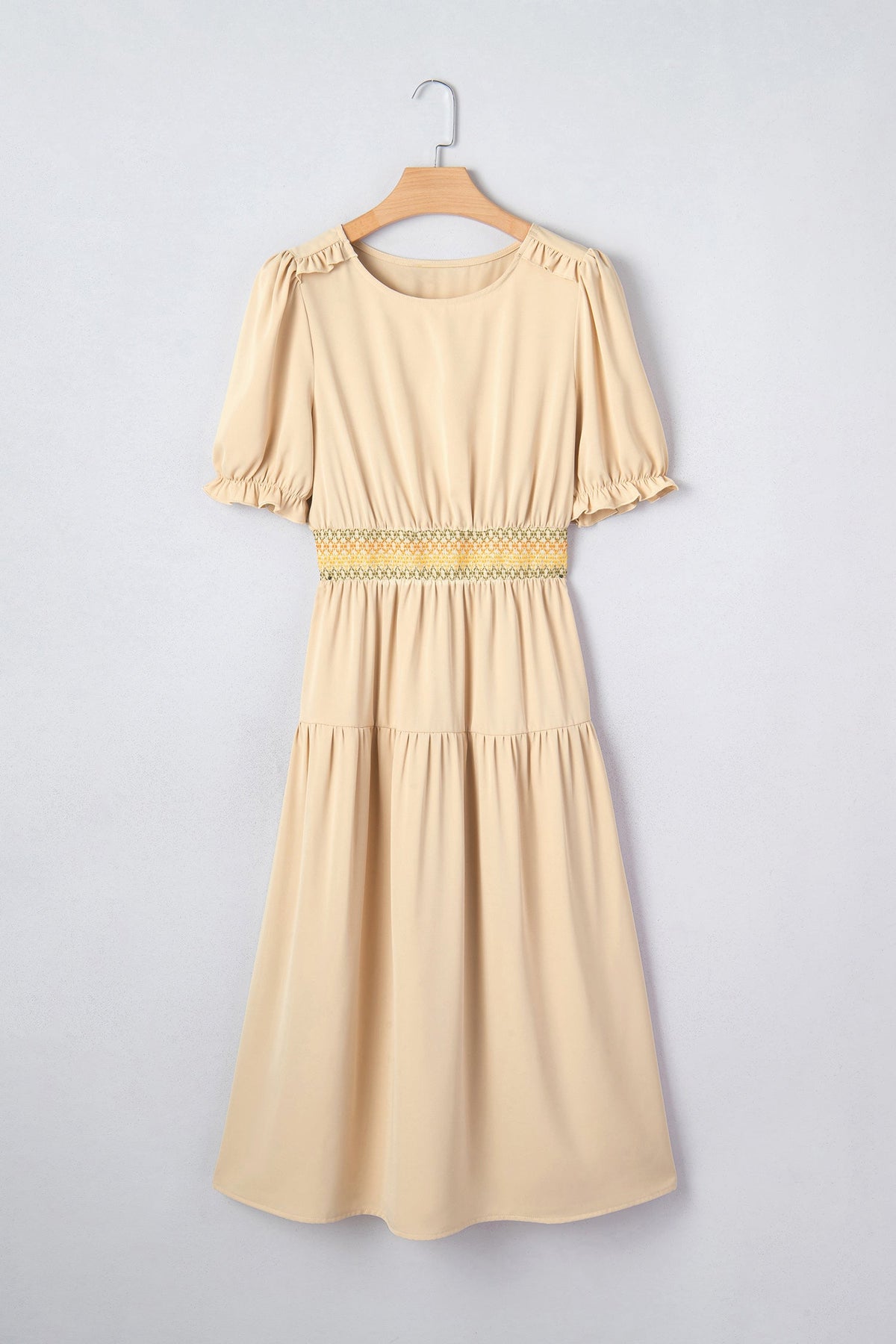 Apricot Elastic Waist Short Sleeve Midi Dress