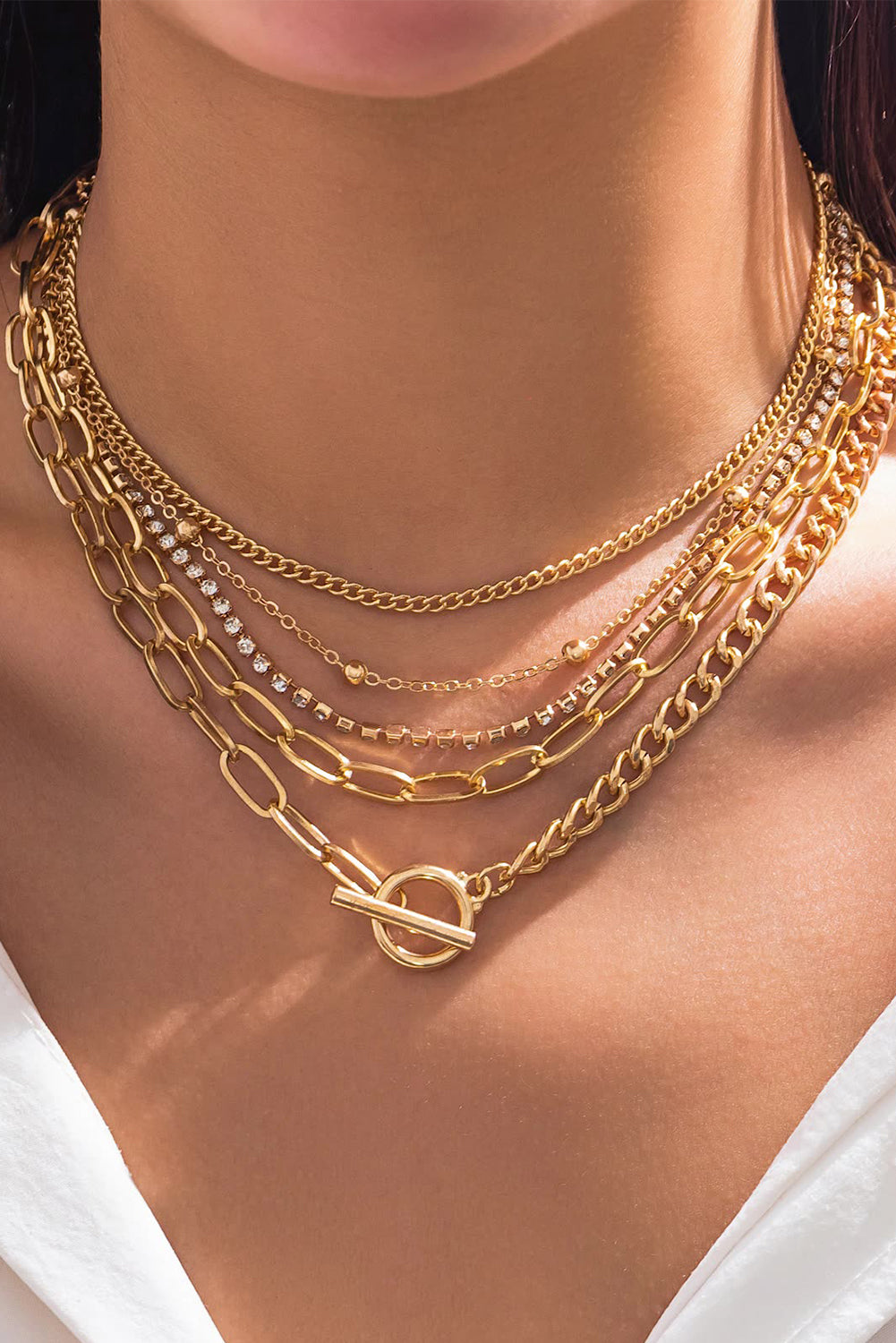 5pcs Layered Rhinestone Plated Chain Collarbone Necklaces Set