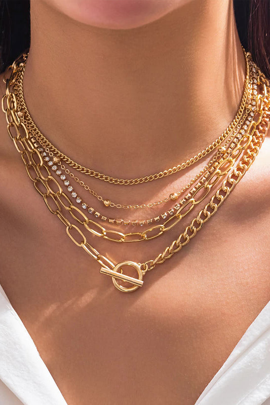 5pcs Layered Rhinestone Plated Chain Collarbone Necklaces Set