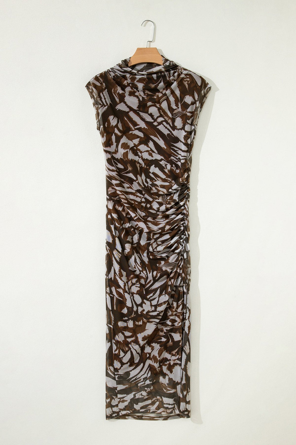 Abstract Print Mesh Cowl Neck Cap Sleeve Ruched Midi Dress with Slit