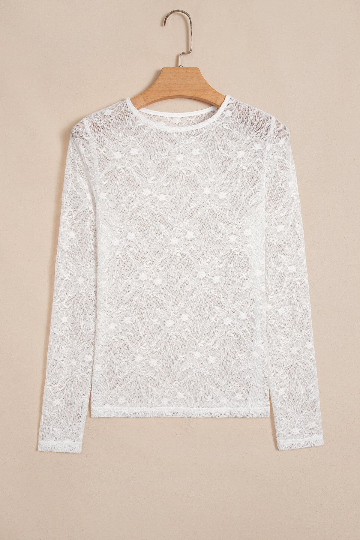 Beige Long Sleeve Sheer Mesh Lace Top