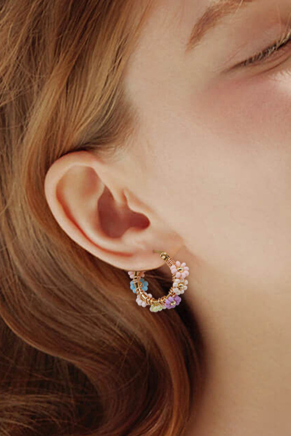 Beaded Flower Hoop Alloy Earrings