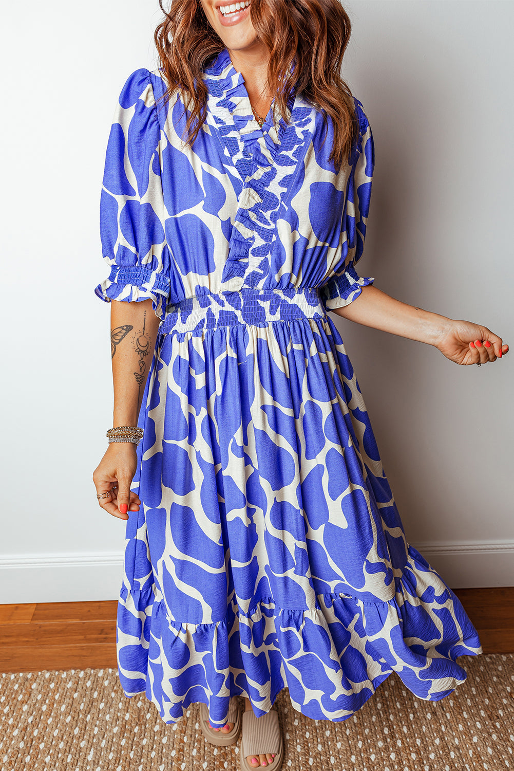 Abstract Print Smocked Waist Puff Half Sleeve Maxi Dress