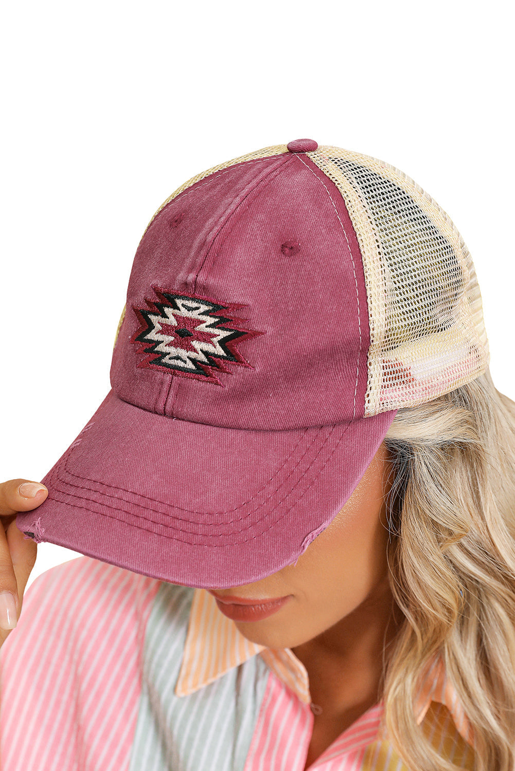 Aztec Pattern Cotton Distressed Baseball Cap