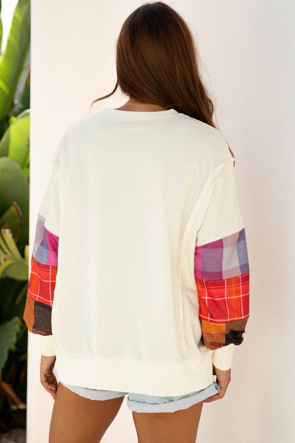 Beige Contrast Plaid Long Sleeve Exposed Seam Patchwork Top