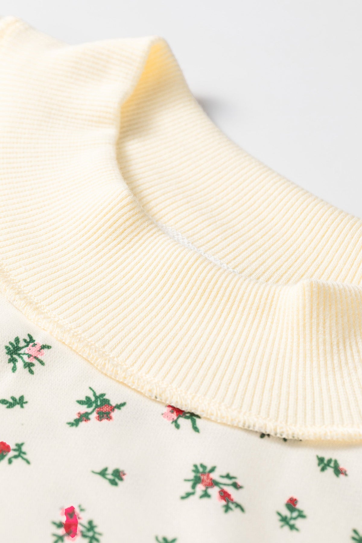 Beige Ribbed High Neck Floral Print Baggy Pullover Sweatshirt