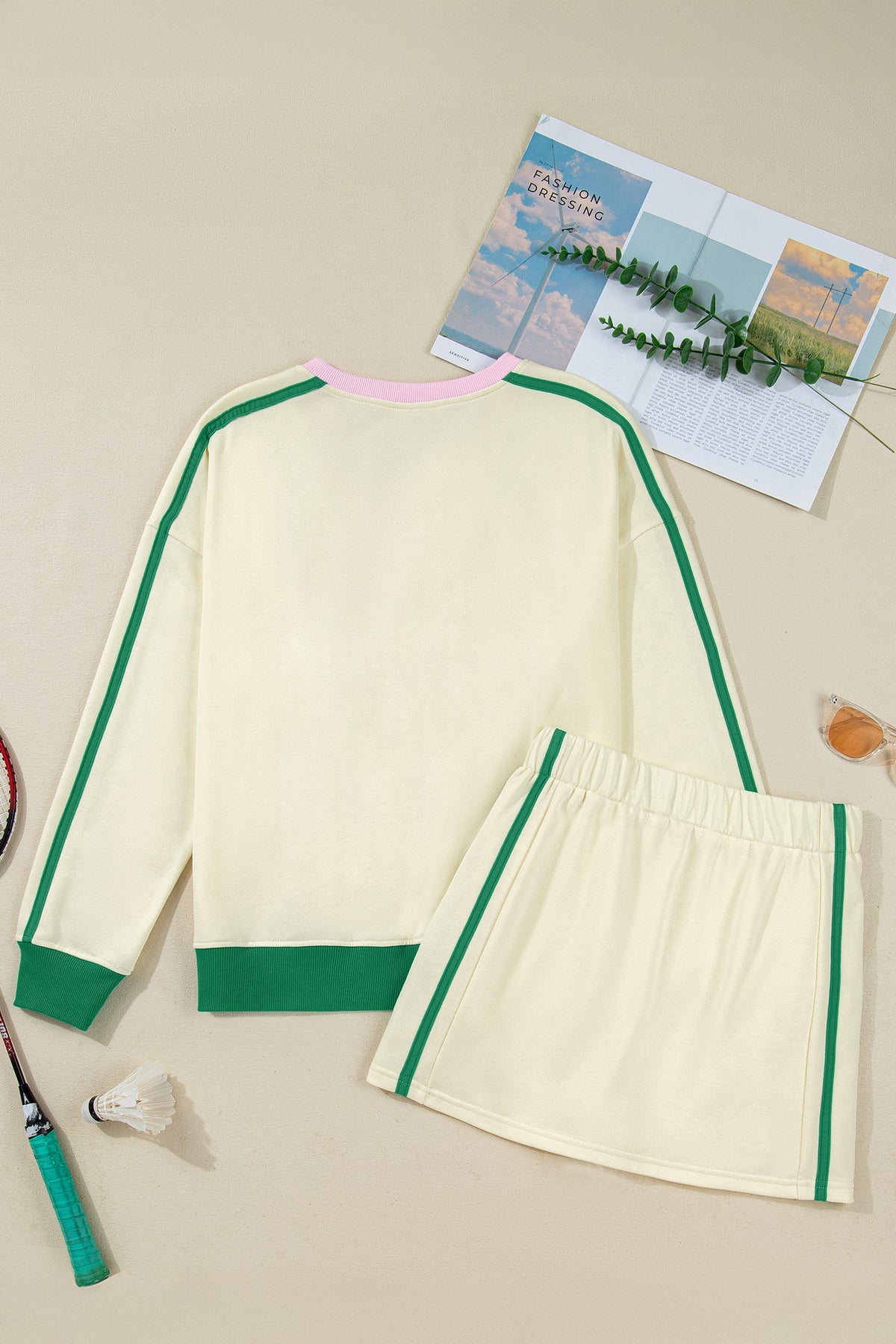 Beige Ribbed Colorblock Trim Sporty Pullover Mini Skort 2pcs Athleisure Set