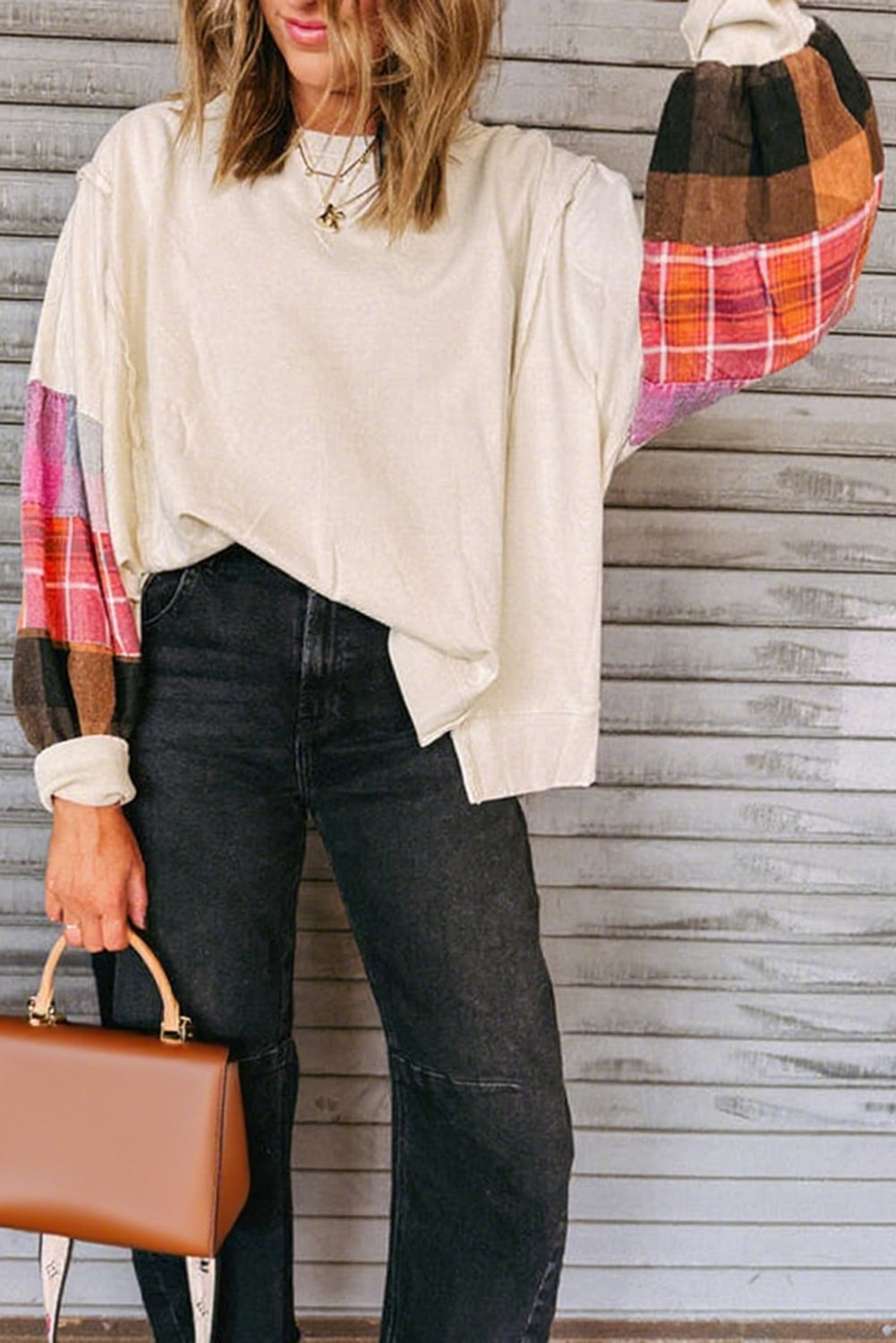 Beige Contrast Plaid Long Sleeve Exposed Seam Patchwork Top