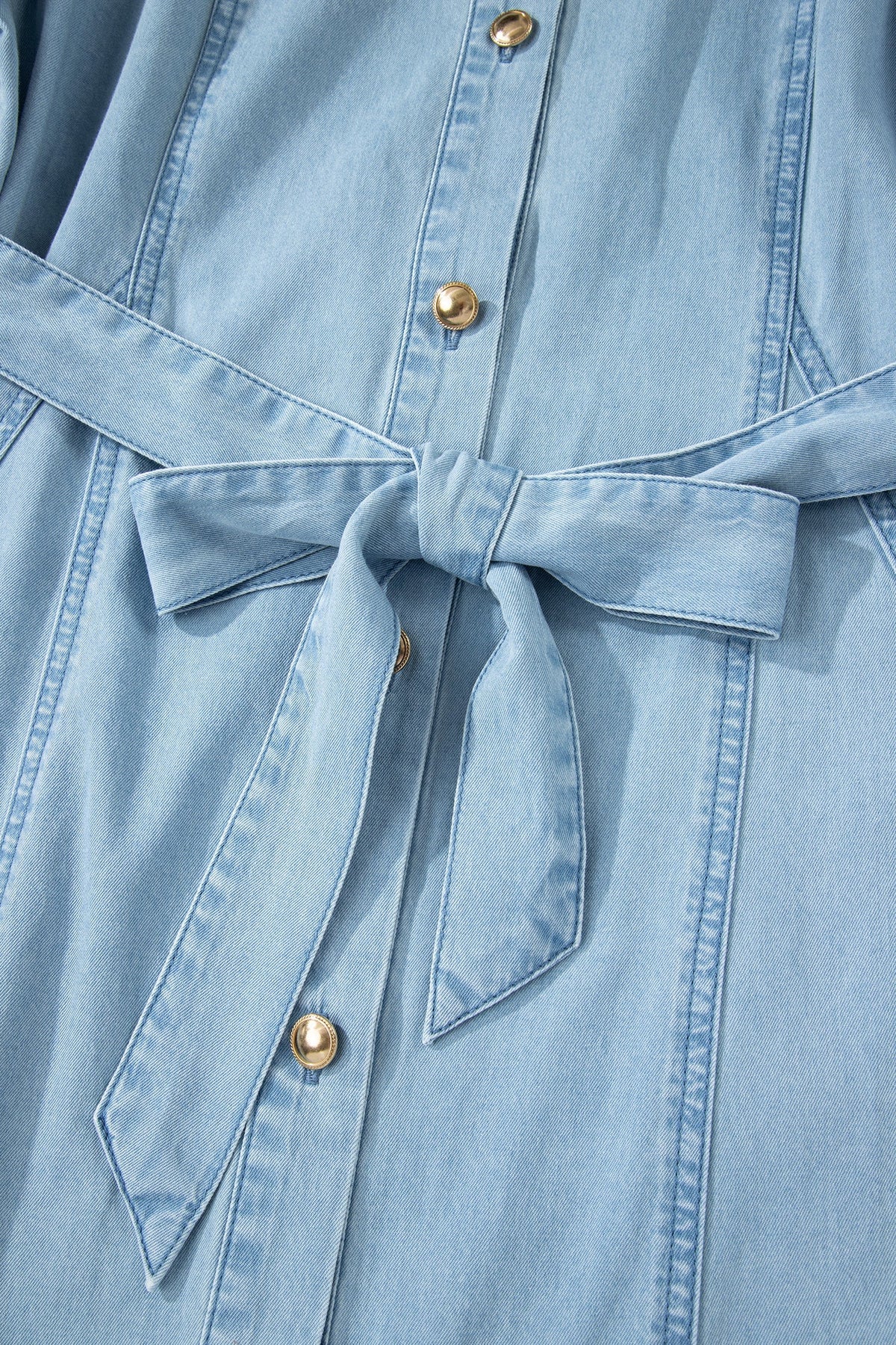 Beau Blue Full Buttons Collared Short Bubble Sleeve Long Denim Dress