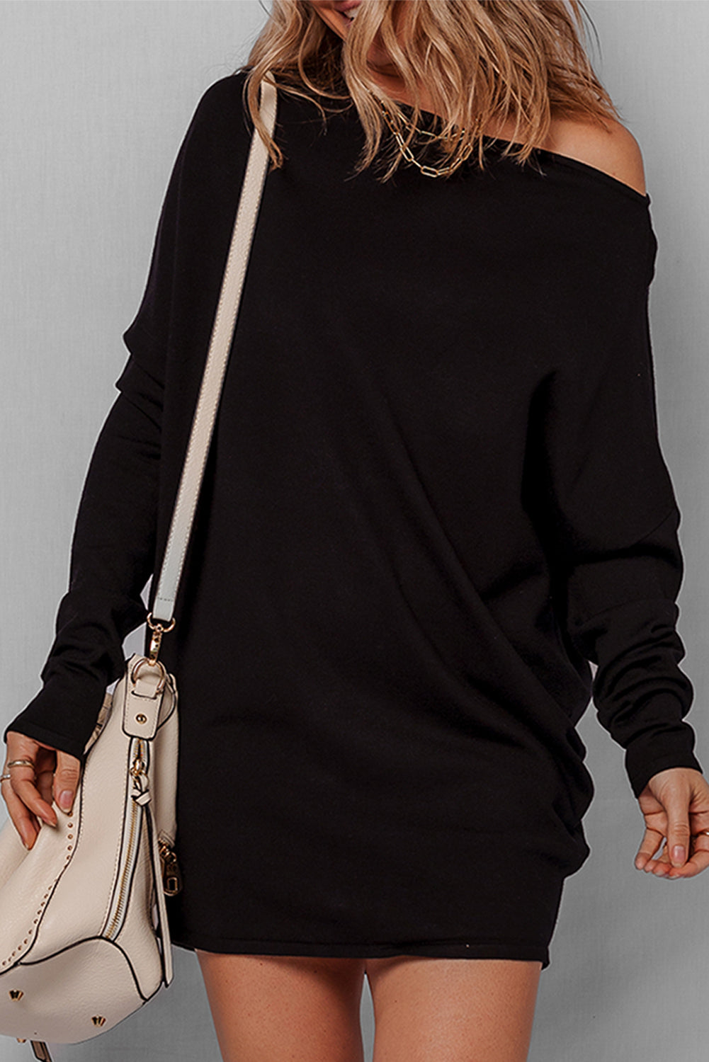 Asymmetric Neck Batwing Sleeve Shift Mini Sweater Dress