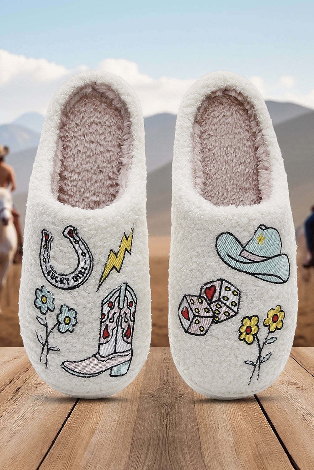 Asymmetric Embroidered Pattern Cowgirl Plush House Slippers