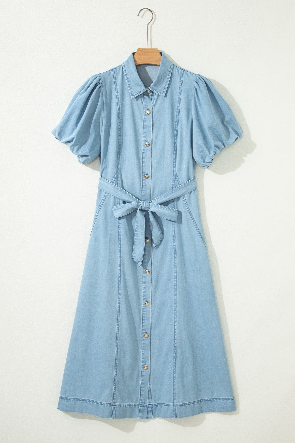 Beau Blue Full Buttons Collared Short Bubble Sleeve Long Denim Dress