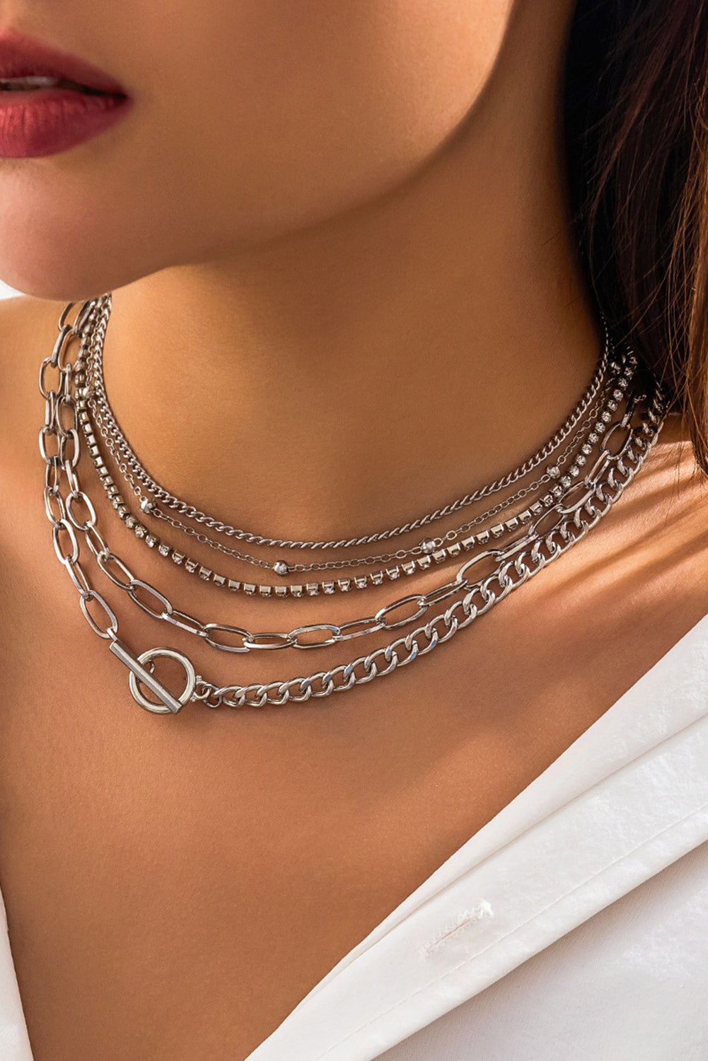 5pcs Layered Rhinestone Plated Chain Collarbone Necklaces Set