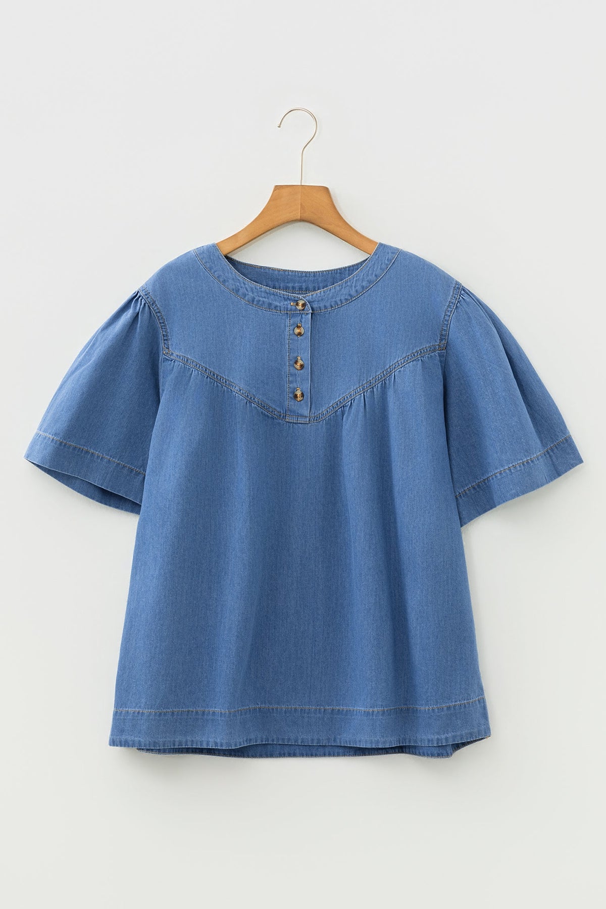 Beau Blue Seam Pleated Detail Short Sleeve Denim Top