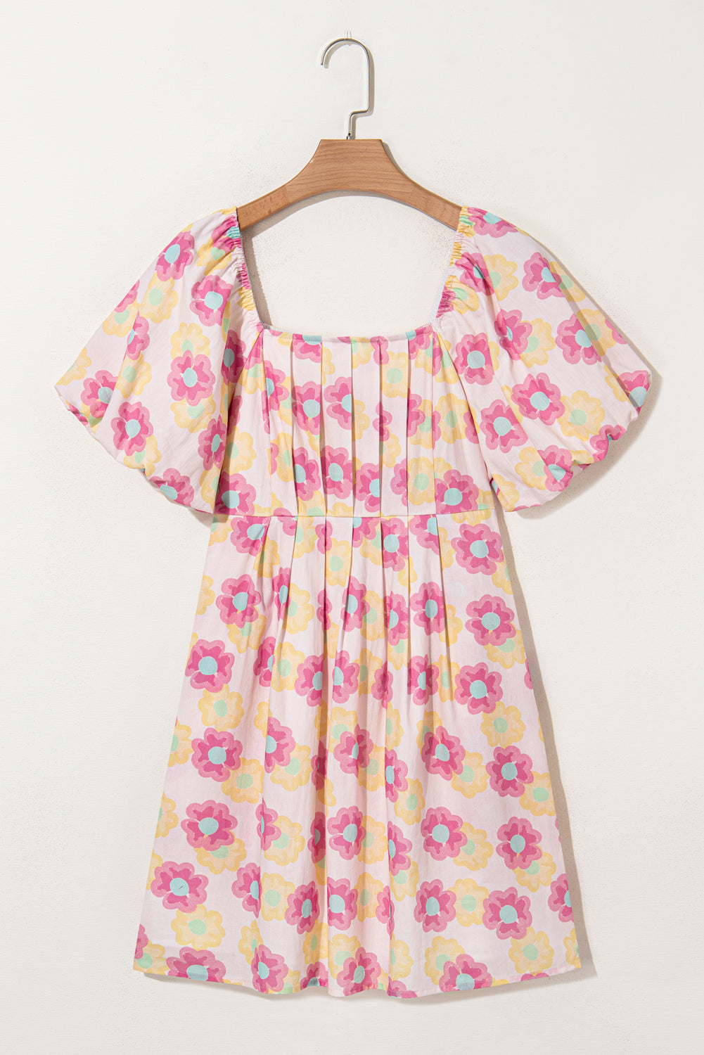 100 Cotton Rose Vibrant Floral Square Neck Pleated Flared Midi Dress