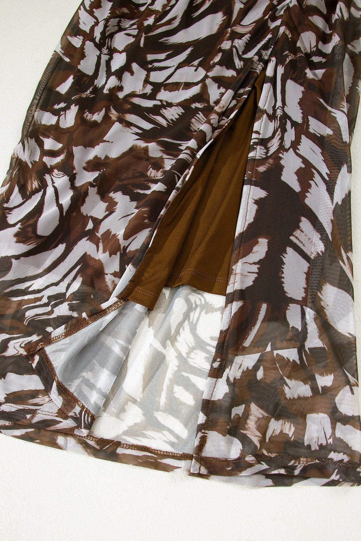 Abstract Print Mesh Cowl Neck Cap Sleeve Ruched Midi Dress with Slit