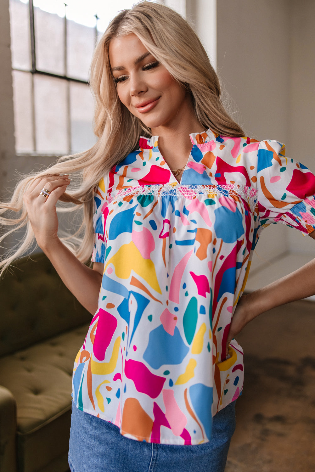 Abstract Print Lace Short Sleeve Split Neck Blouse