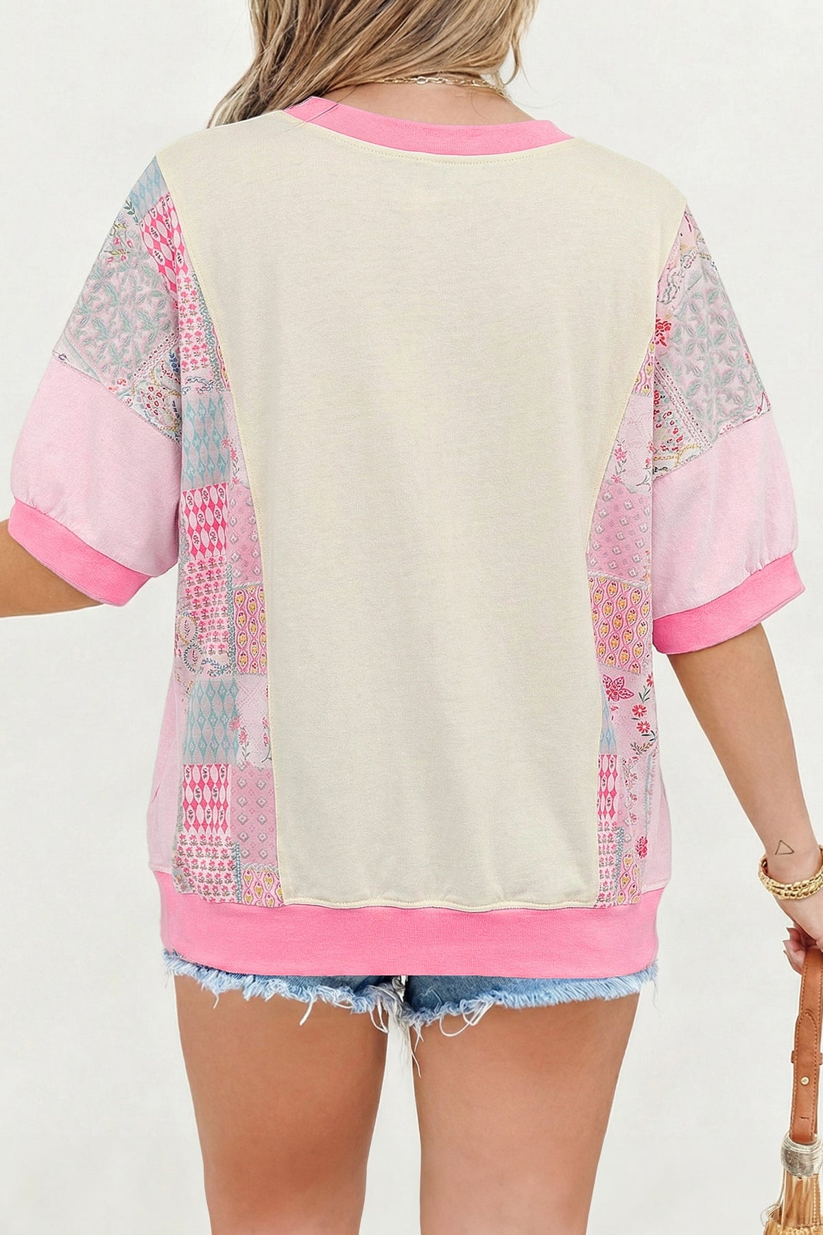 Beige Plus Size Floral Patchwork Short Sleeve Patch Embroidery Cotton T Shirt