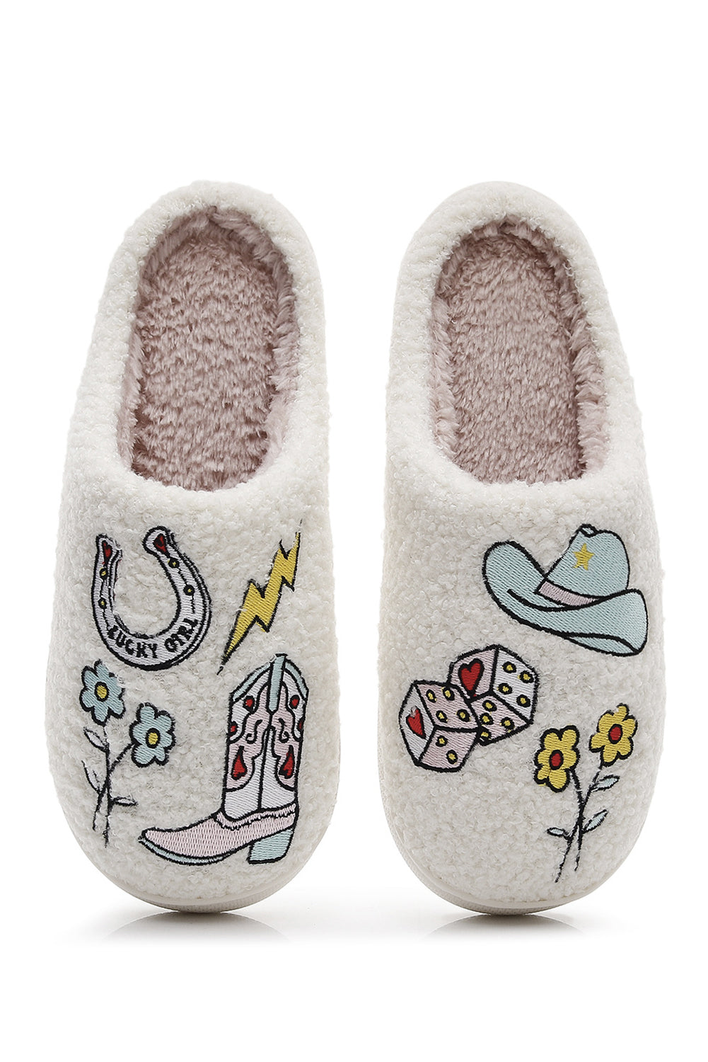 Asymmetric Embroidered Pattern Cowgirl Plush House Slippers