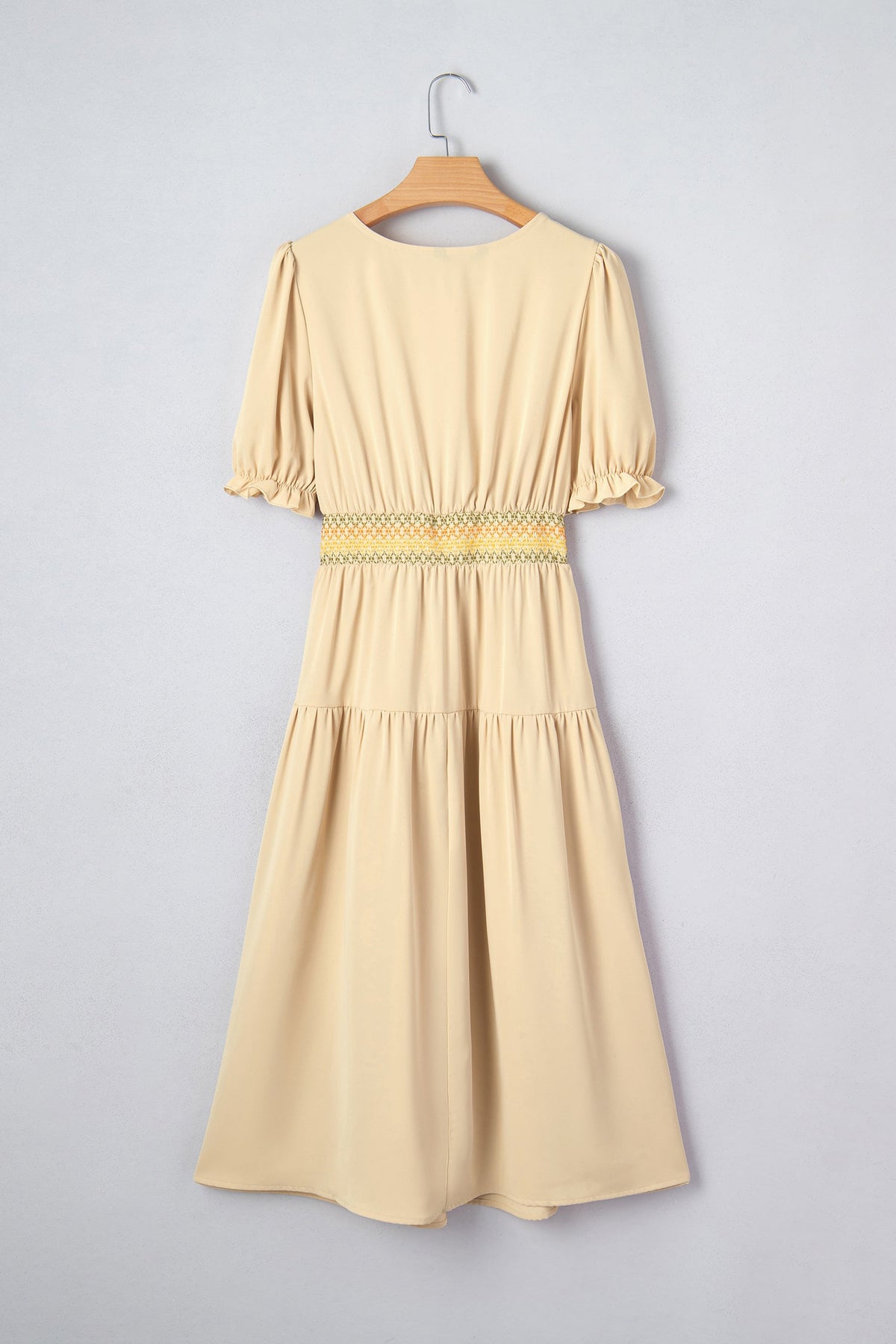 Apricot Elastic Waist Short Sleeve Midi Dress