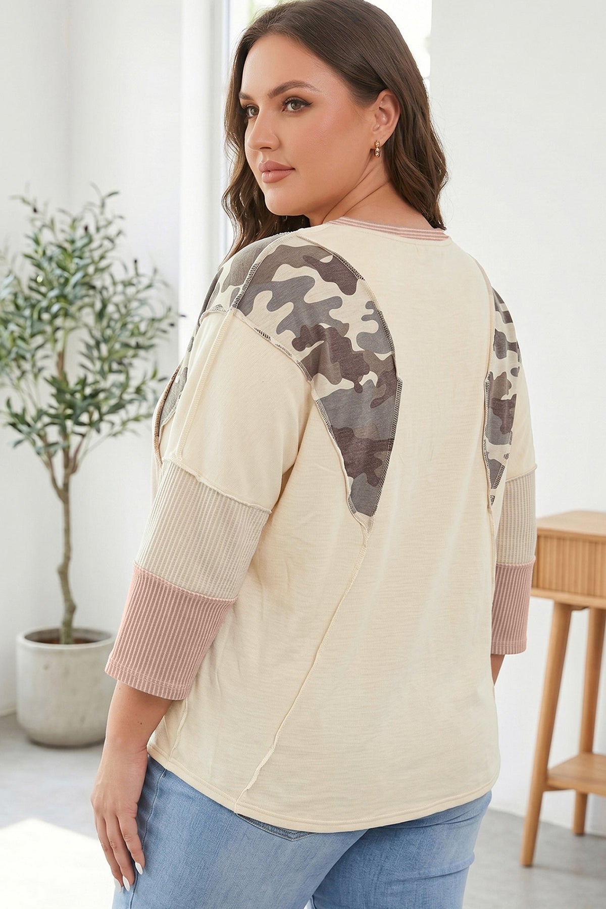Apricot Camouflage Round Neck Loose Fit Plus Size Blouse