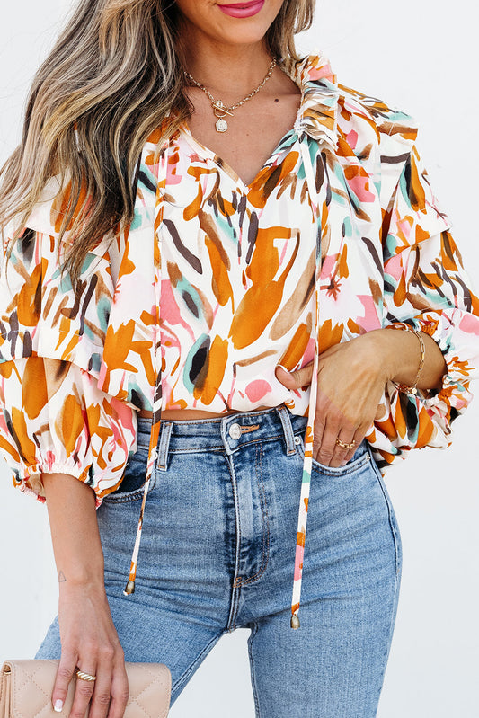 Abstract Print Drawstring 3/4 Sleeve Blouse