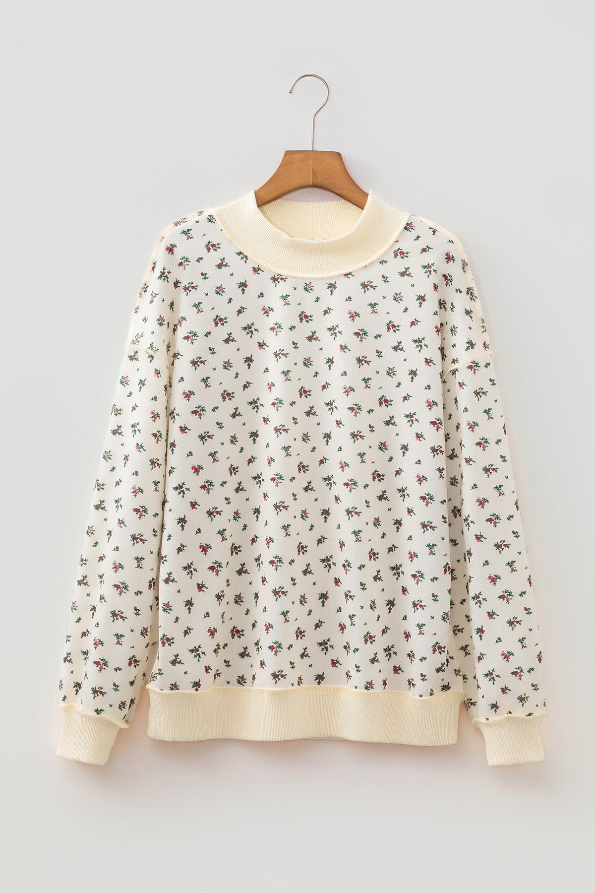 Beige Ribbed High Neck Floral Print Baggy Pullover Sweatshirt