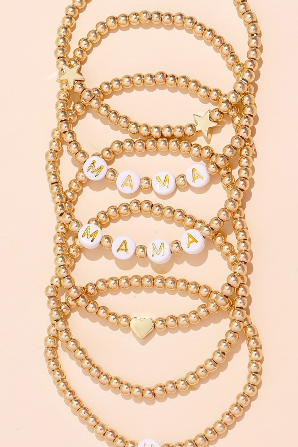 6Pcs MAMA Heart Star Shape Plated Beaded Bracelet Set