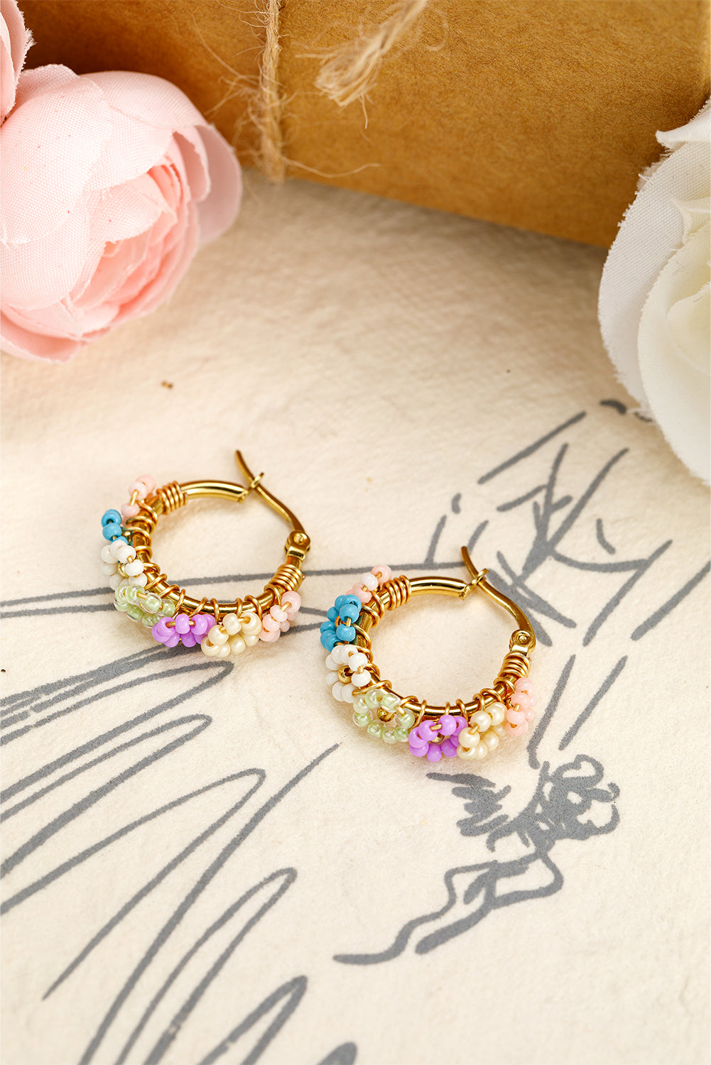Beaded Flower Hoop Alloy Earrings