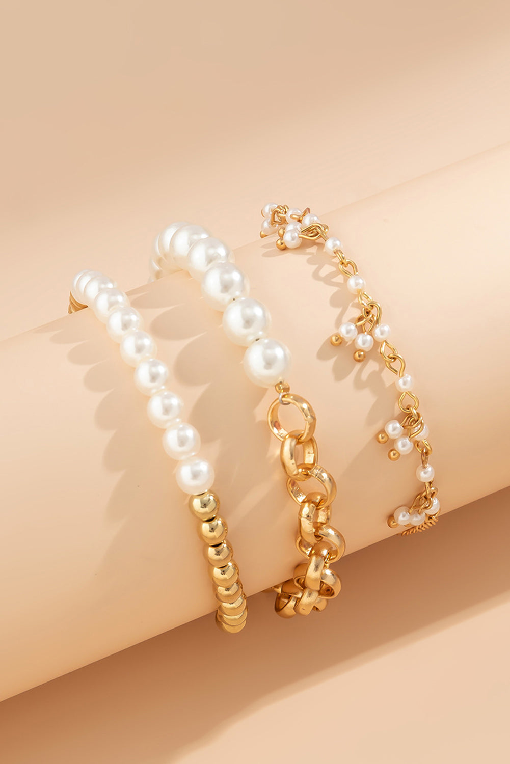 3pcs Pearl Plated Alloy Beaded Bracelet Set