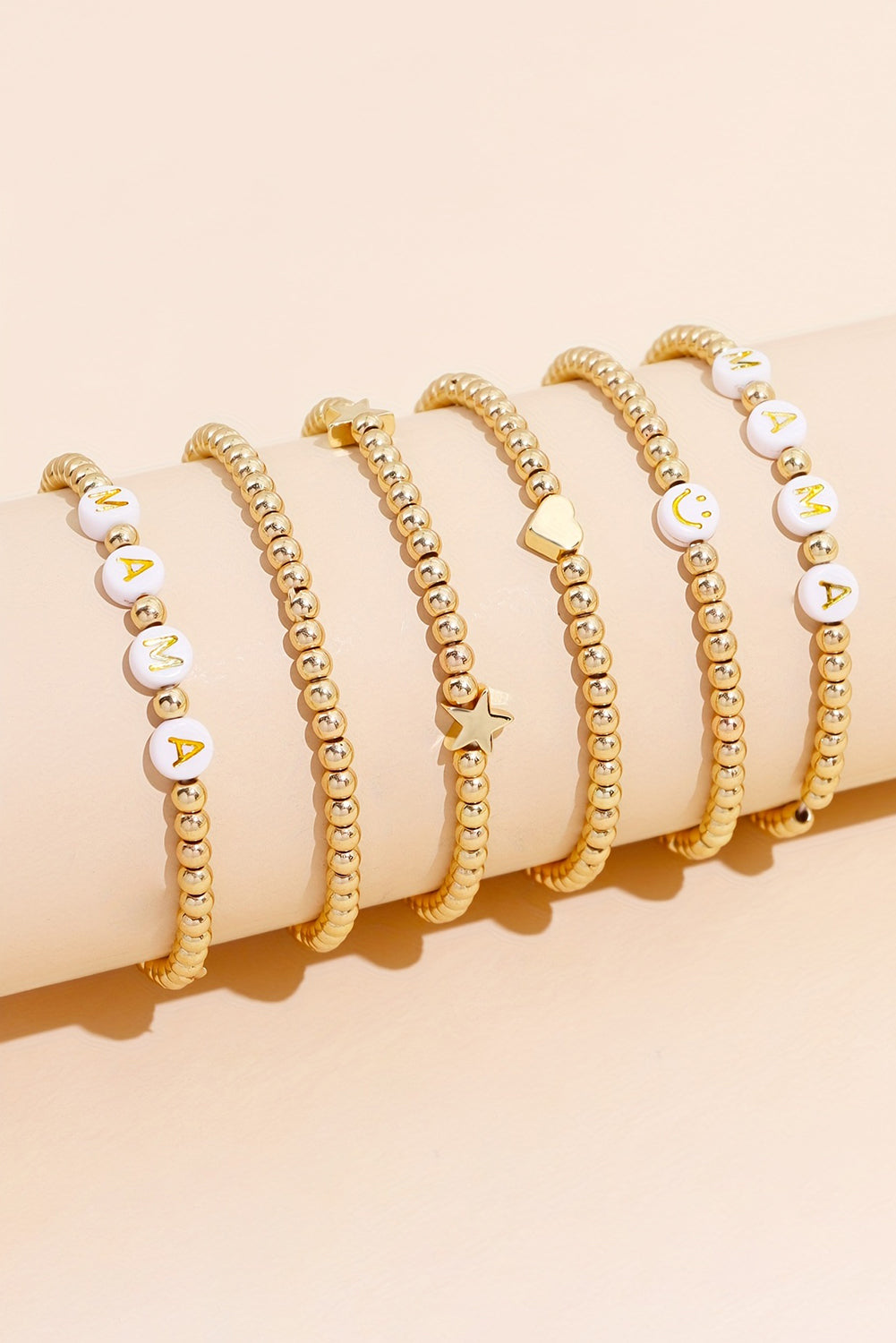 6Pcs MAMA Heart Star Shape Plated Beaded Bracelet Set