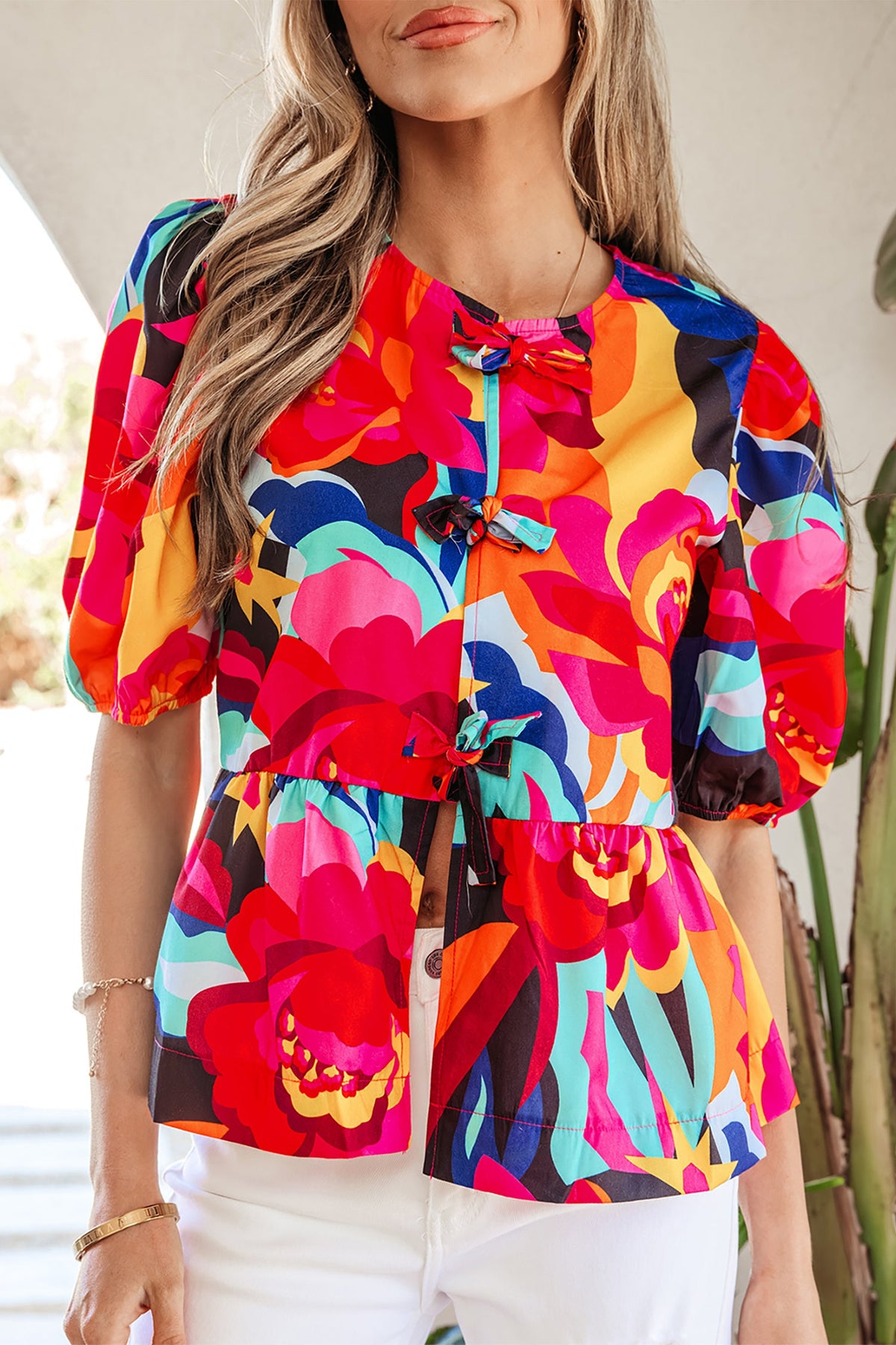 Abstract Floral Print Front Tied Puff Sleeve Babydoll Blouse