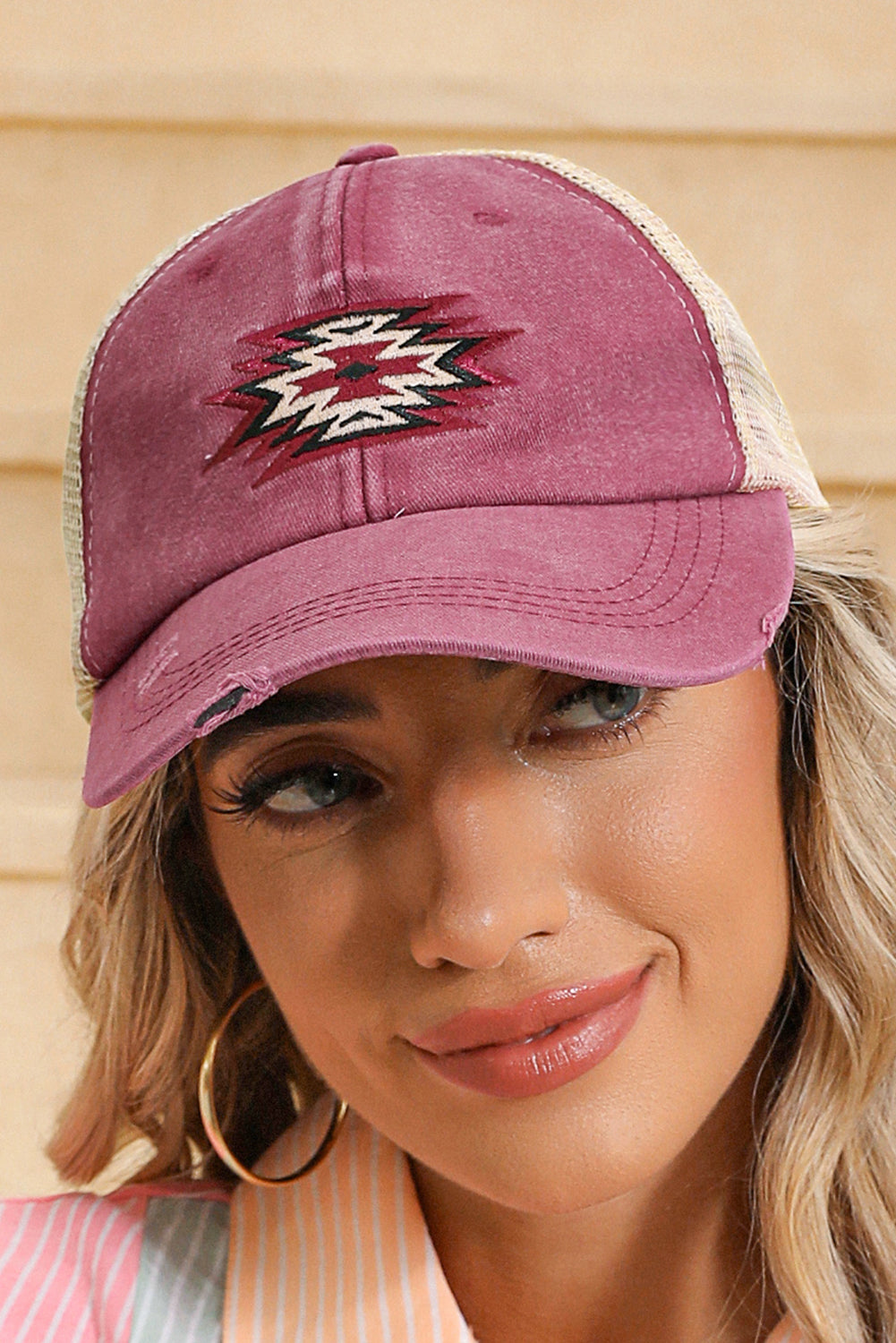 Aztec Pattern Cotton Distressed Baseball Cap