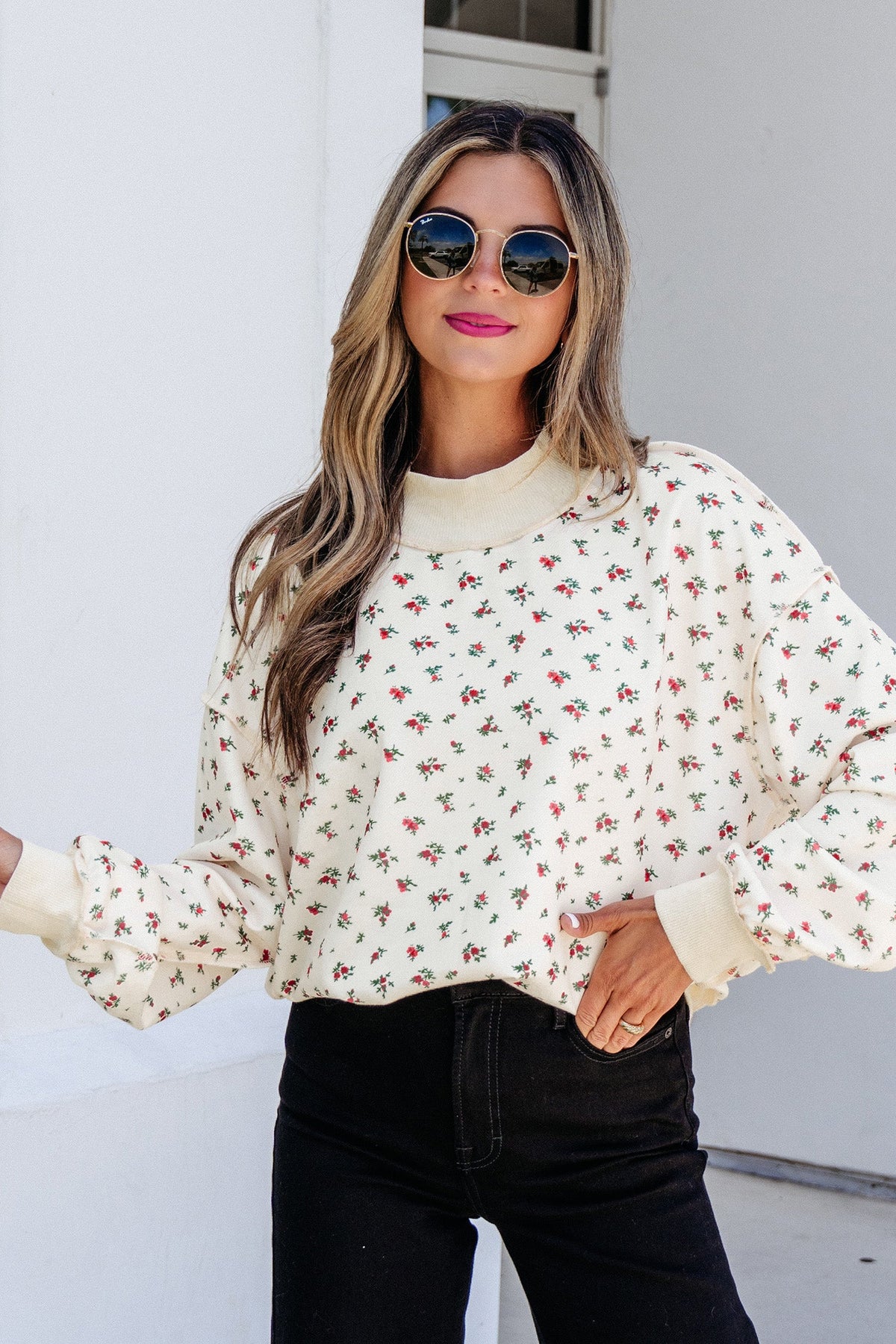Beige Ribbed High Neck Floral Print Baggy Pullover Sweatshirt