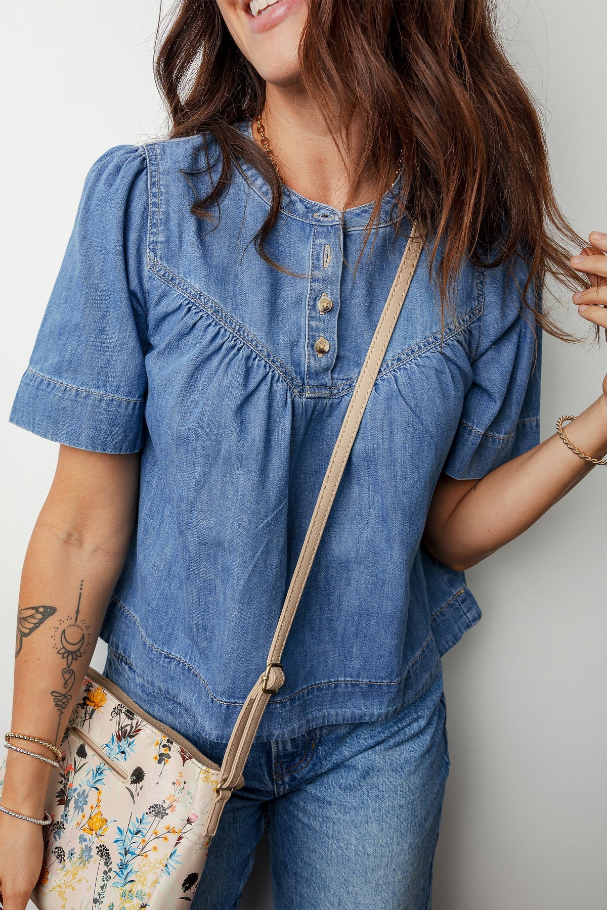 Beau Blue Seam Pleated Detail Short Sleeve Denim Top