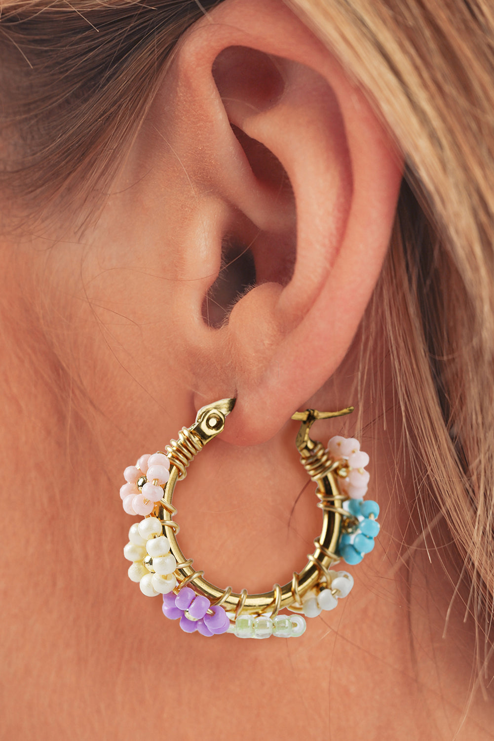 Beaded Flower Hoop Alloy Earrings