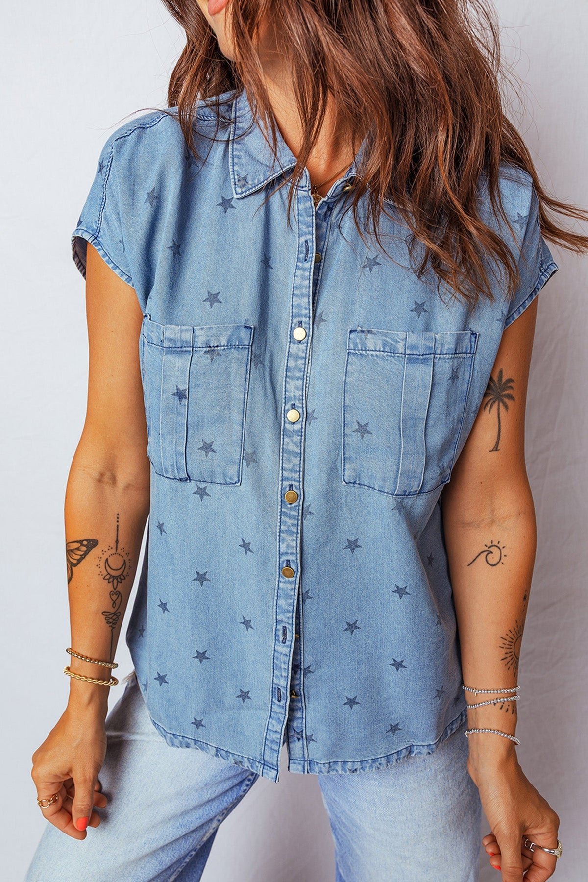 Beau Blue Star Allover Print Short Sleeve Denim Shirt