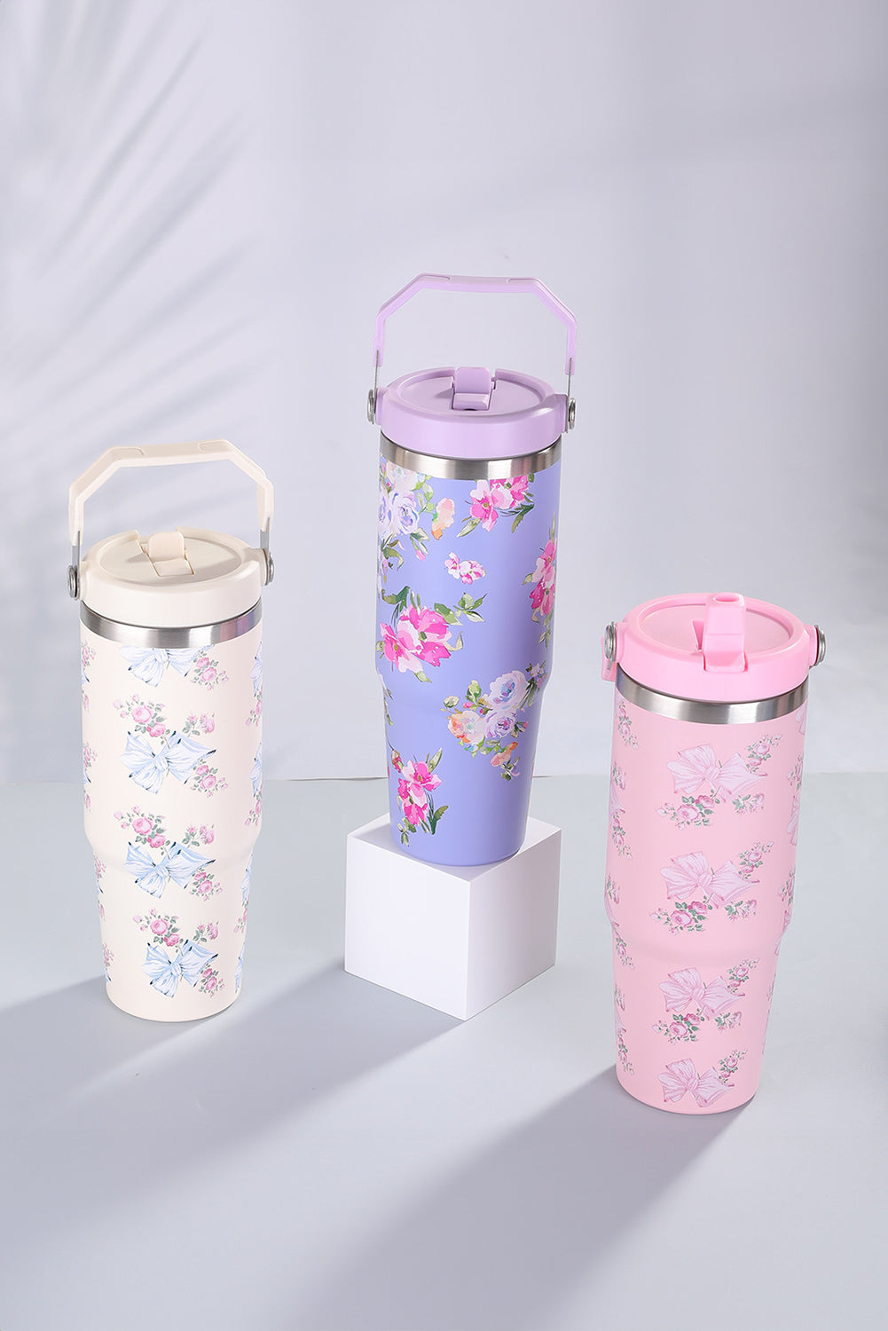30OZ Bow Floral Print Flip Handle Straw Tumbler