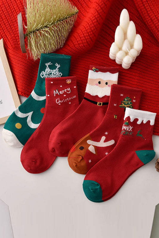 5 Pairs Festive Merry Christmas Cartoon Print Socks
