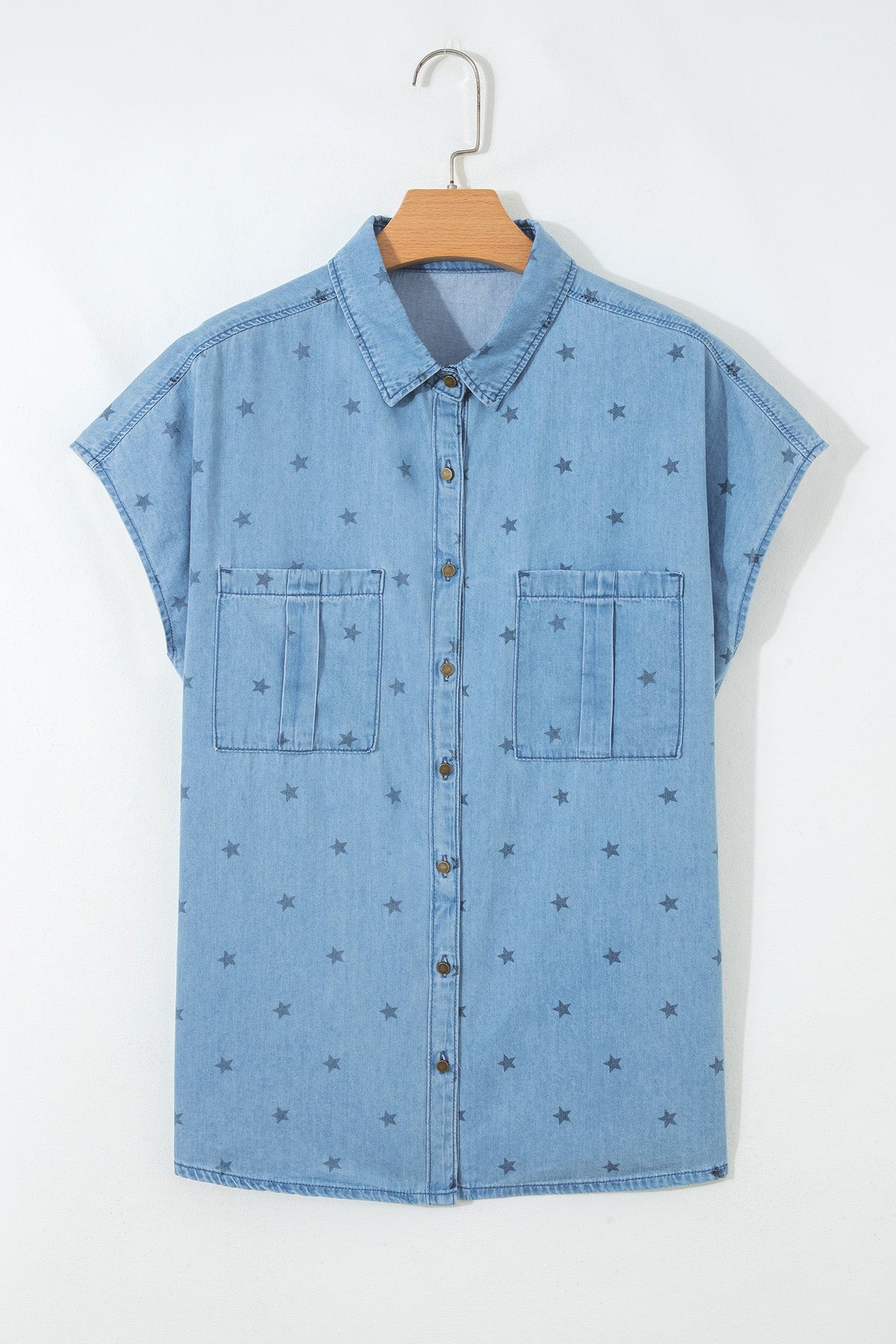 Beau Blue Star Allover Print Short Sleeve Denim Shirt