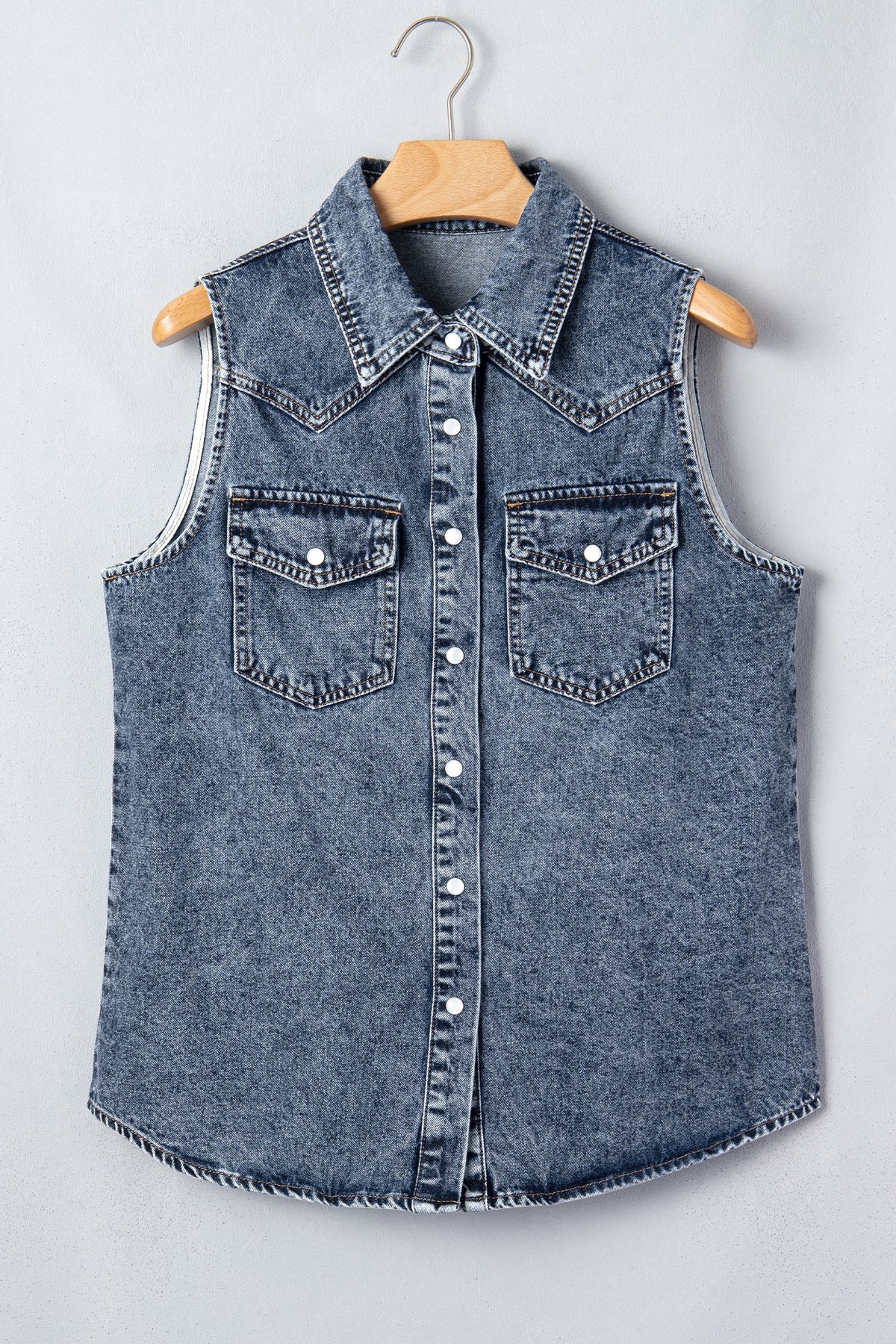 Ashleigh Blue Solid Denim Button Front Pocket Cowboy Vest